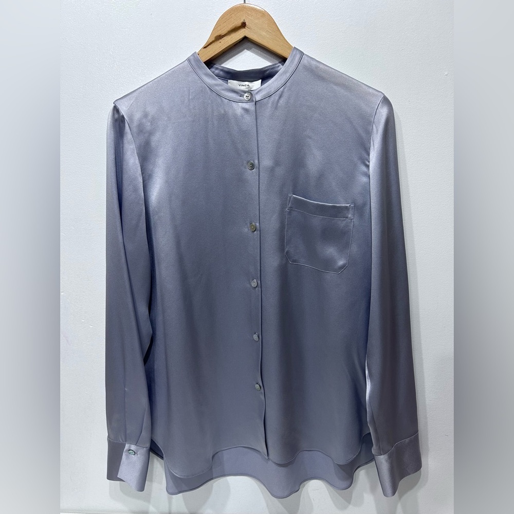 Vince Women's French Lilac Slim Fitted Band Collar Silk Blouse Shirt Size 10